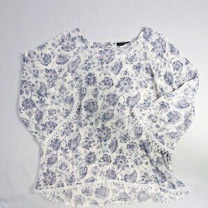 PaperMoon Floral Lightweight 3/4 Sleeve White Top Blouse Women's Sz Extra Large